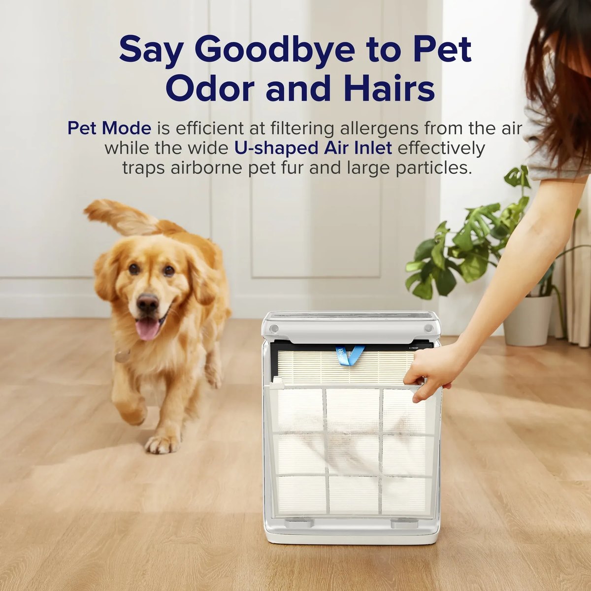 Wide U-shaped intake traps airborne pet fur