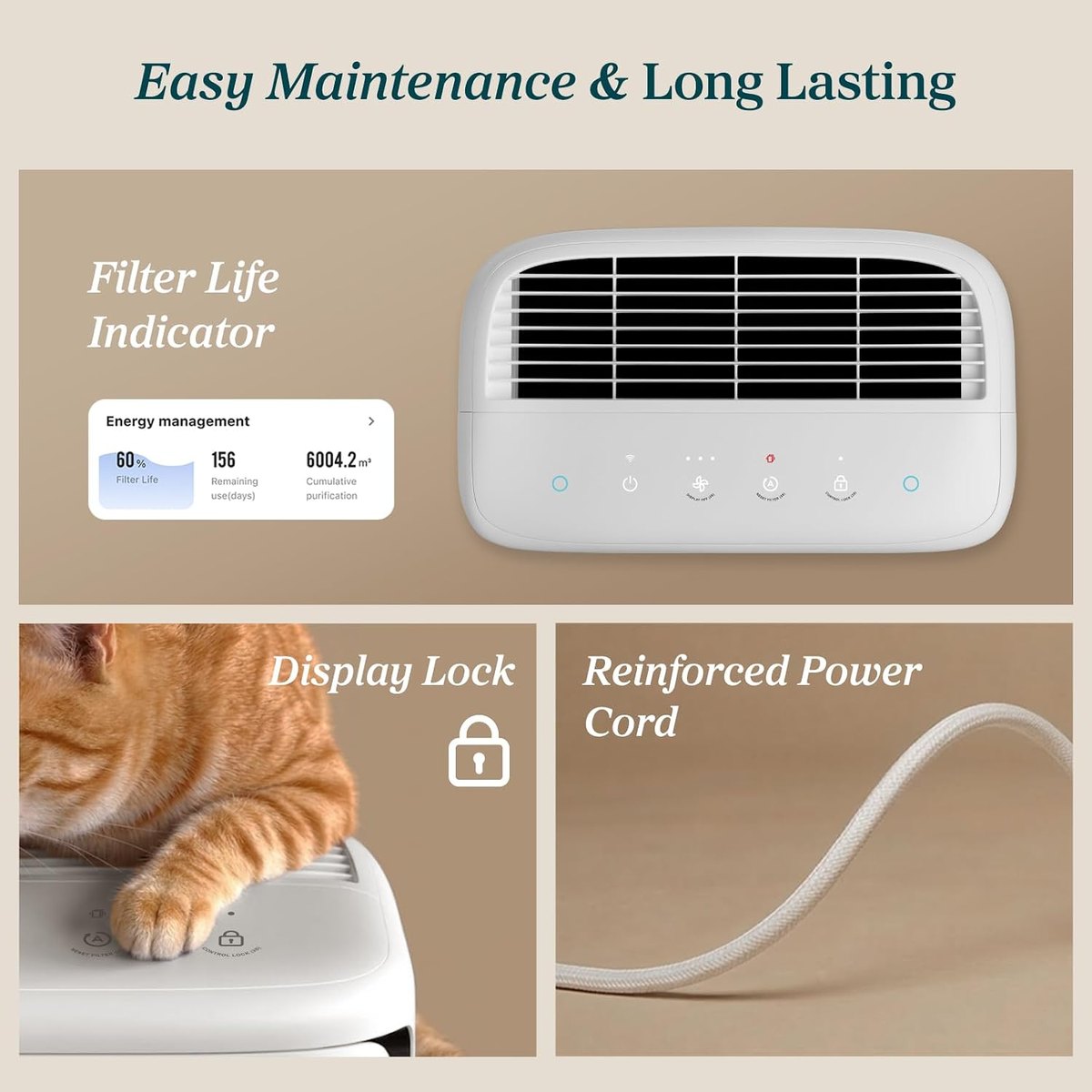 Easy maintenance — filter life indicator, display lock, reinforced cord