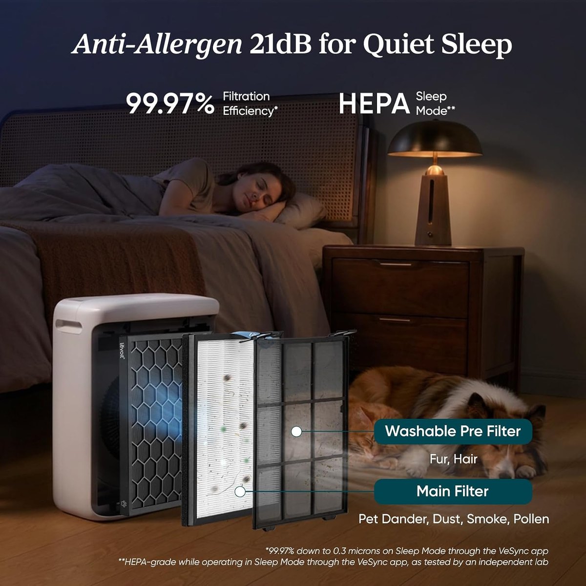 Washable pre-filter and main filter, quiet Sleep Mode